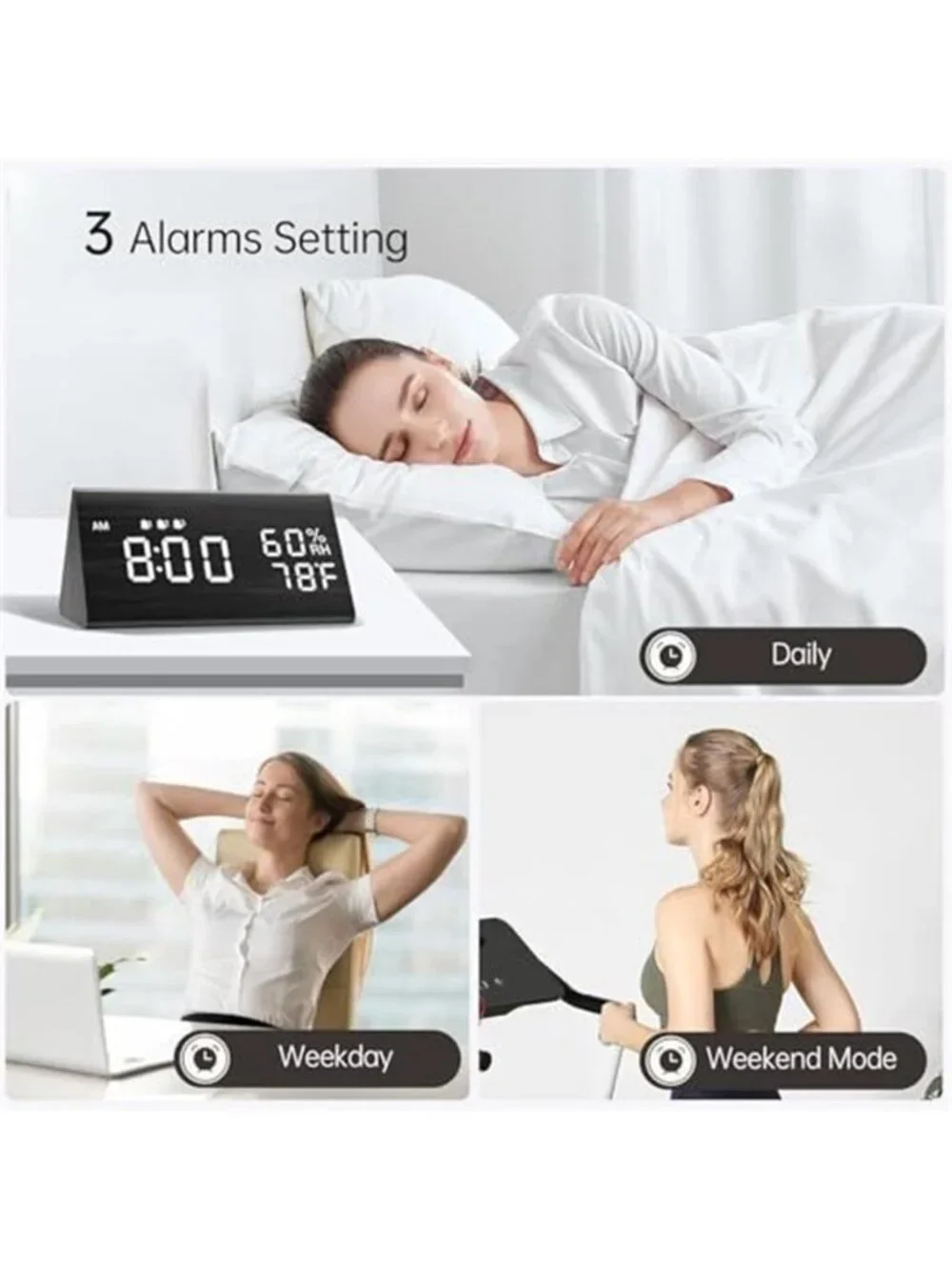 Wood Digital Alarm Clock Multiple Alarms LED Display Temperature Humidity Modern
